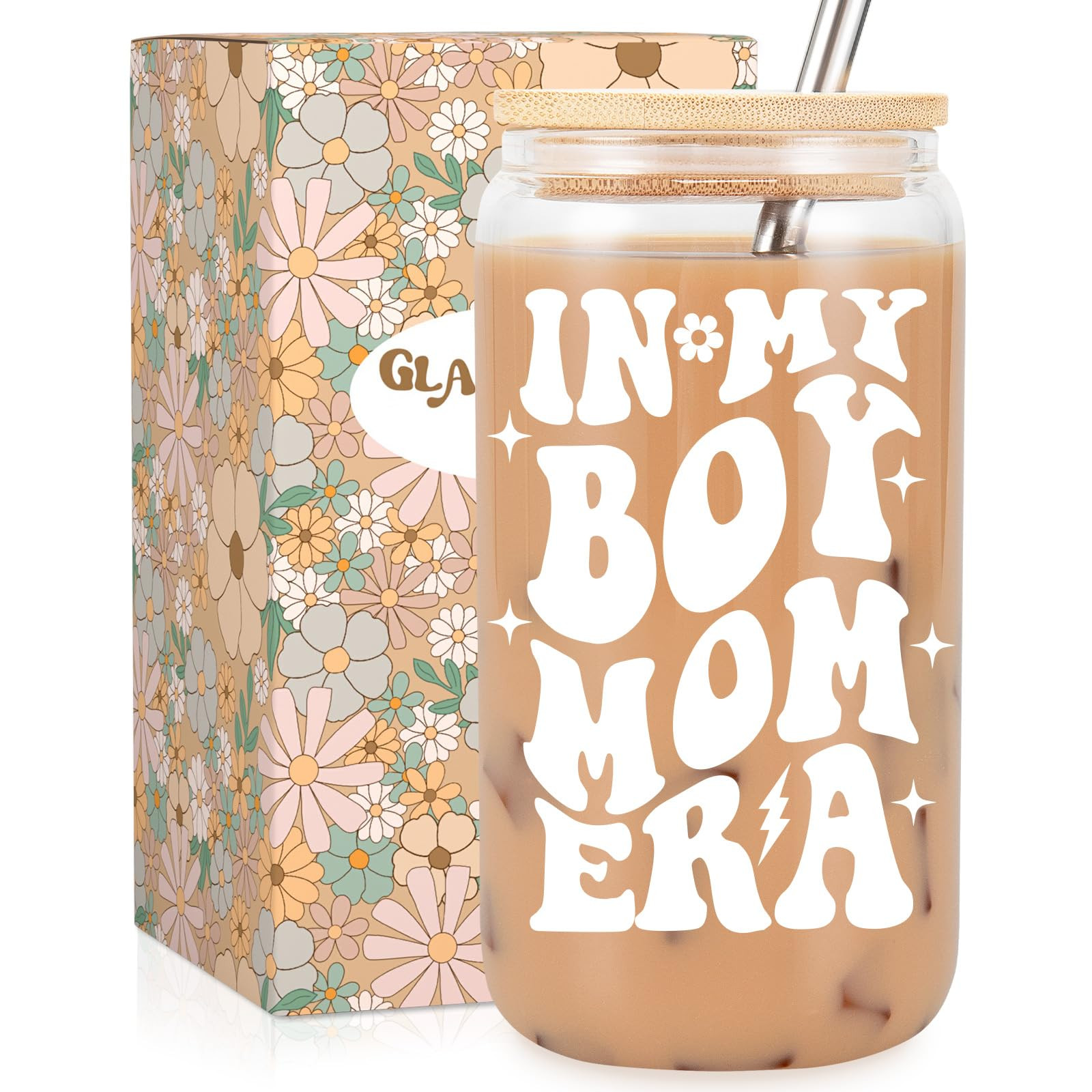 Fairy's Gift Boy Mom Era Iced Coffee Cup, Cute New Mom Gifts, 16 oz Coffee Glass Cups with Lids S... | Amazon (US)