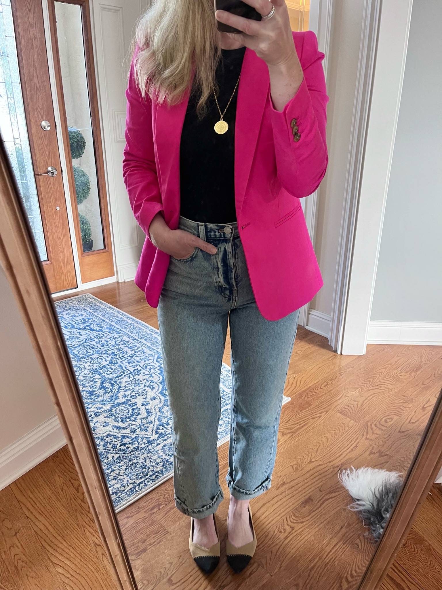 Work OOTD!

Love these jeans! On major sale right now $40! Very high waisted, no stretch, button fly - if in between size up

High neck ribbed tank TTS
Pink blazer TTS
My most comfortable flats TTS

Work outfit, casual work outfit, straight leg denim, Mango, J Crew, Target

#LTKover40 #LTKstyletip #LTKworkwear