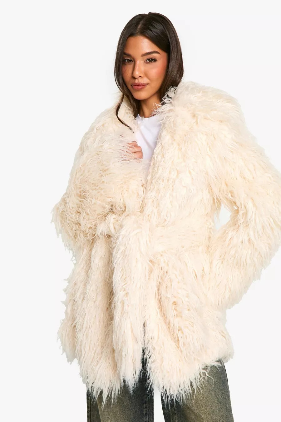 Faux Mongolian Fur Belted Coat | boohoo (US & Canada)