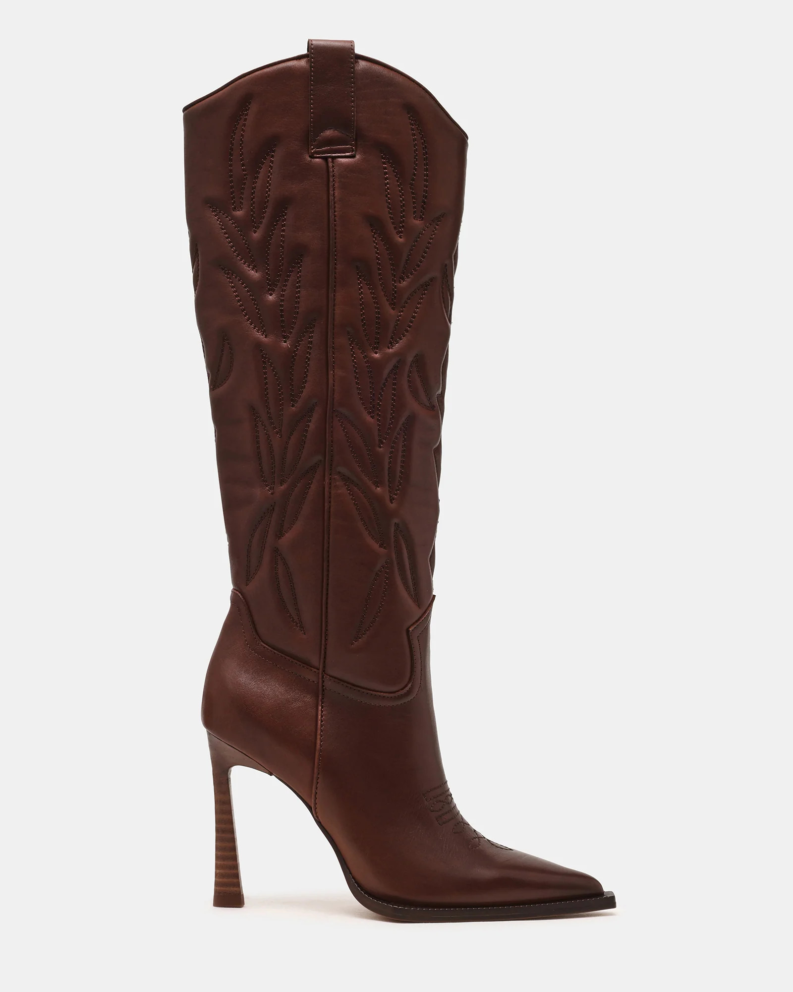 KINZEE Brown Leather Pointed-Toe Knee-High Western Stiletto Women's Boot | Steve Madden (US)