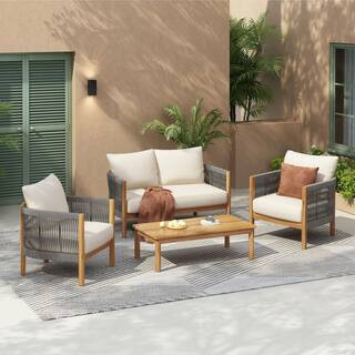 Finn 4-Piece Rope Weave and Solid Wood Outdoor Patio Conversation Sectional Seating Set w/ Beige Cushions Grey Plus Teak | The Home Depot