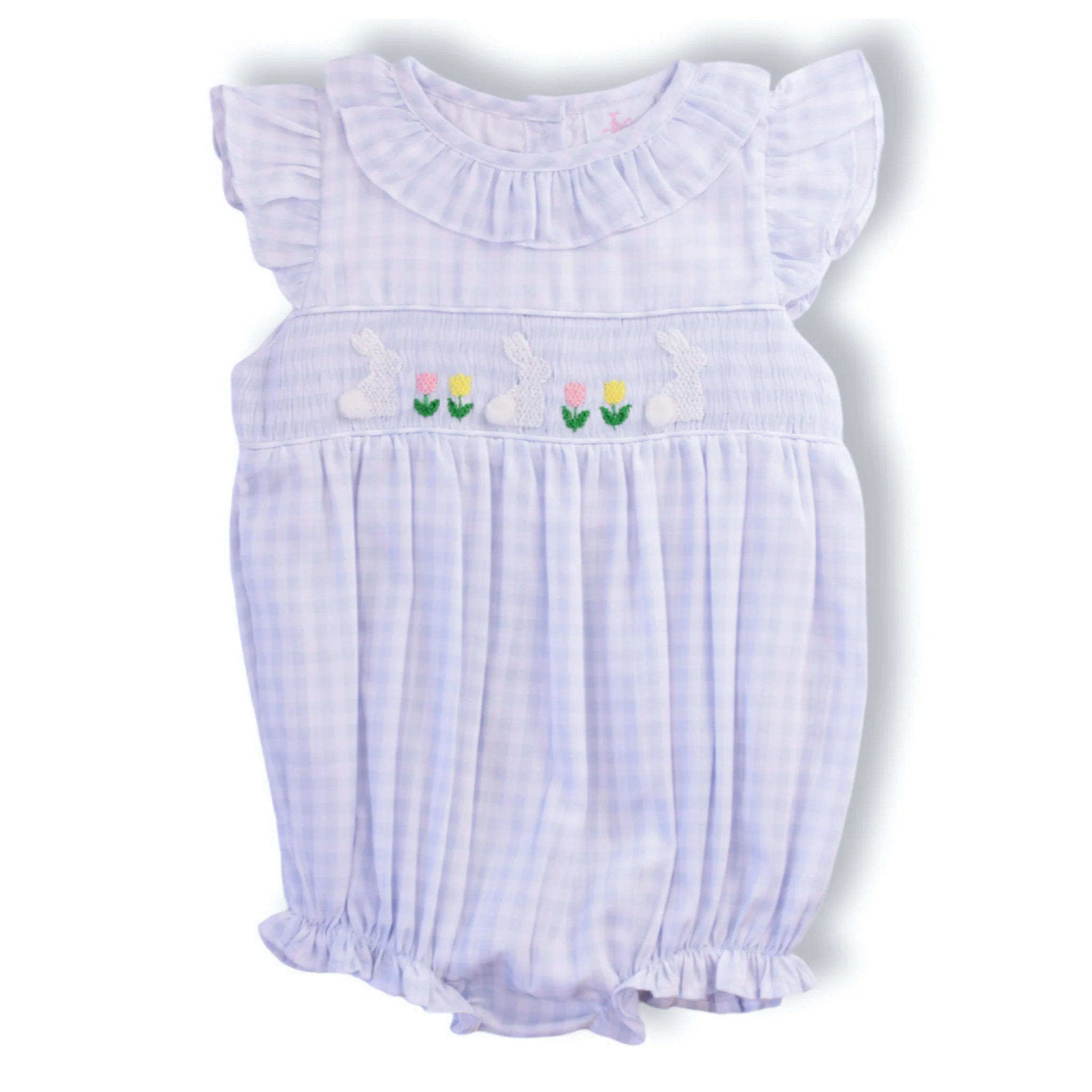 PRE-ORDER White Bunny on Blue Gingham Smocked Bubble | Lillie & Lilah