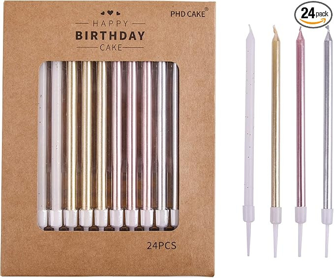 PHD CAKE Gold, Silver, Rose Gold, White, Long Birthday Candles in Holders, Cake Candles, Birthday... | Amazon (US)