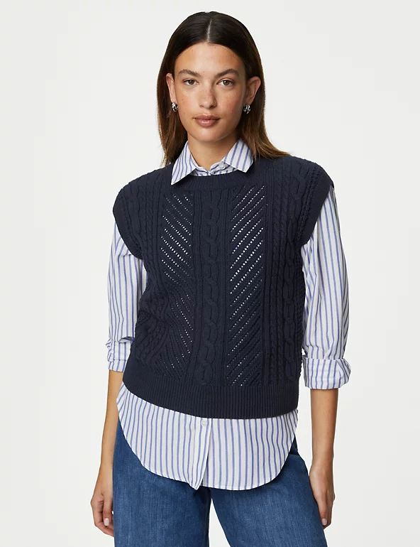Cotton Rich Cable Knit Relaxed Knitted Vest | M&S Collection | M&S | Marks & Spencer (UK)