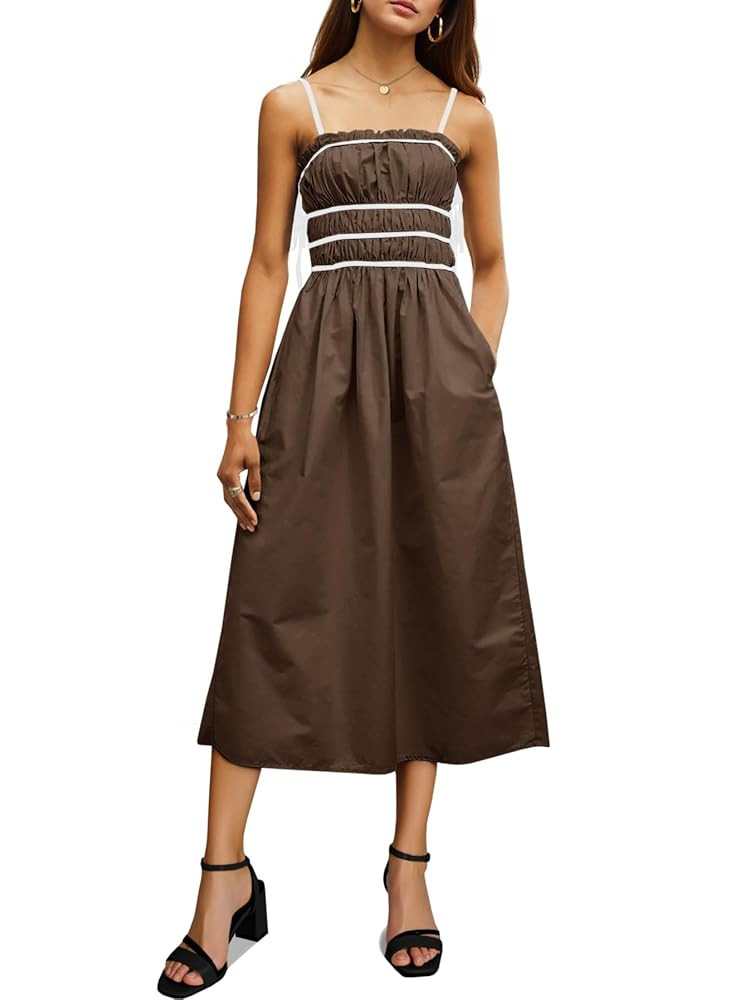 Wenrine Women Summer Spaghetti Strap Dress Sleeveless Tie Smocked Sundress A Line Vacation Beach ... | Amazon (US)