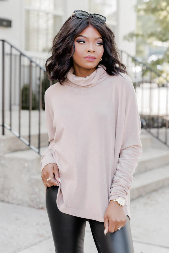 Still Waiting Mocha Brushed Ribbed Knit Oversized Turtleneck | Pink Lily