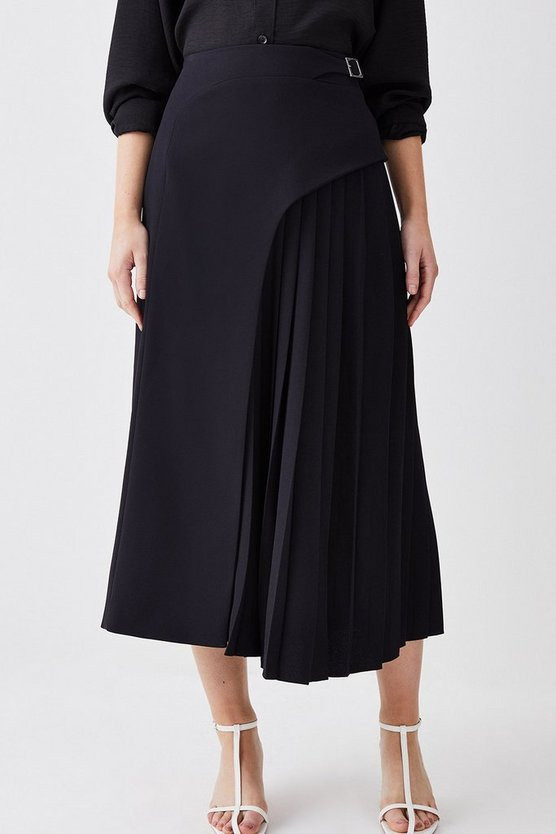 Tailored Buckle Detail Pleated Midi Skirt | Karen Millen UK + IE + DE + NL