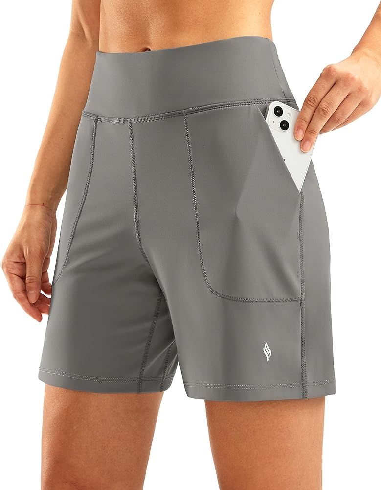 SANTINY Women's 6'' Athletic Long Shorts with 4 Pockets High Waisted Bermuda Shorts for Women Wal... | Amazon (US)