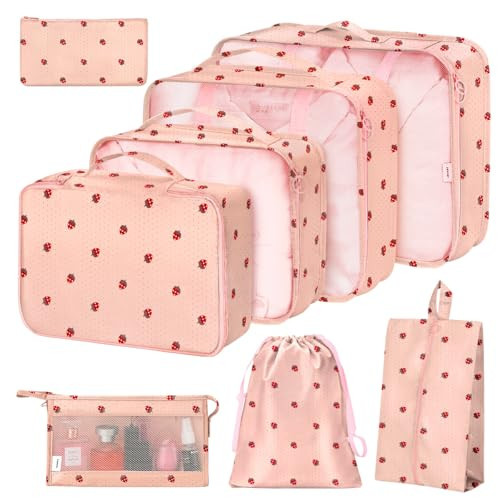 8 Set Packing Cubes for Suitcases,Packing Cube with Shoe, Cosmetics, Clothing, and Accessories Bags Packing Cubes for Travel Luggage Organizer Women Men(Pink Small Strawberry) | Amazon (US)