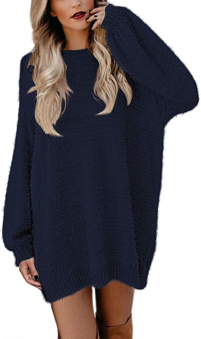 Meenew Women's Furry Pullover Sweater Dress Loose Oversized Long Knitted Tops | Amazon (US)