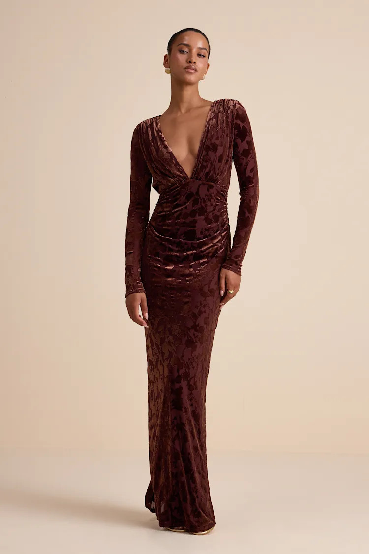 Patricia Brown Velvet Burnout Long Sleeve Maxi Dress | Lulus