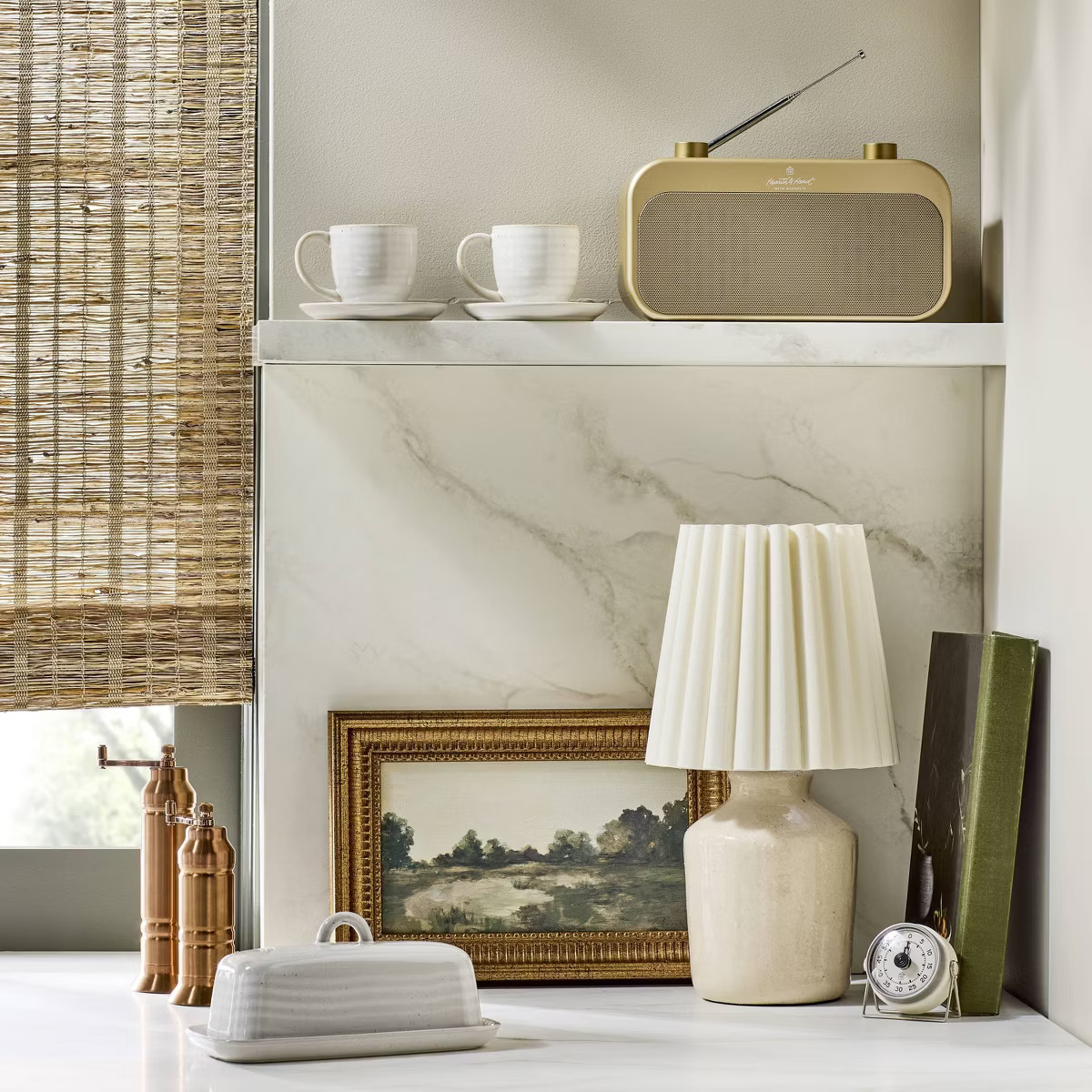 13.5" Rustic Ceramic Mini Kitchen Lamp with Pleated Plaid Shade Cream - Hearth & Hand™ with Mag... | Target