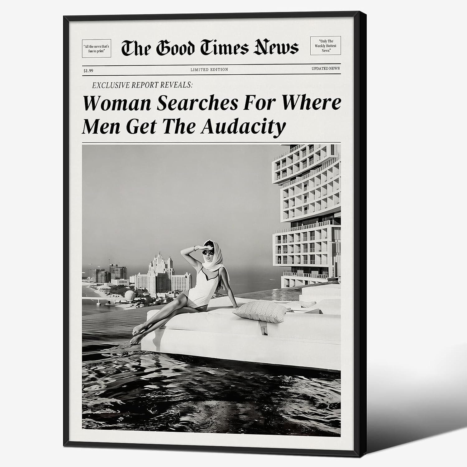 Black and White Newspapers Wall Art 16X24 in Black Framed Women Searches For Where Men Get the Audacity Posters Trendy Luxury Feminist Canvas Prints for Apartment Aesthetic Dorm Room Decor | Amazon (US)