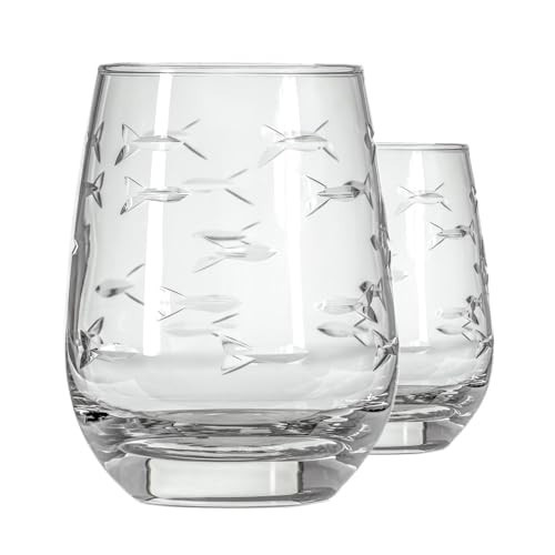 Rolf Glass School of Fish Clear Stemless Wine Glass | Set of 2 Stemless Glasses | 15oz Glass Tumblers | Engraved Lead-Free Coastal Glassware | Made in the USA | Amazon (US)