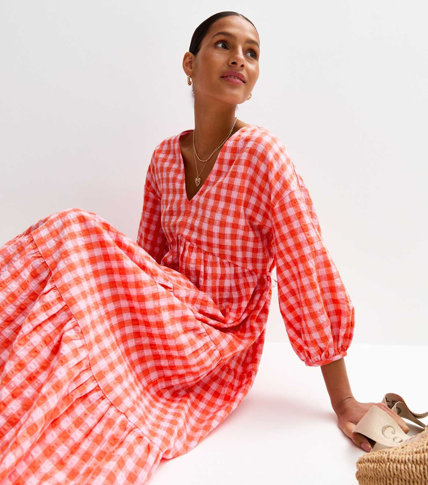 Pink Gingham Check Tiered Midi Dress | New Look | New Look (UK)