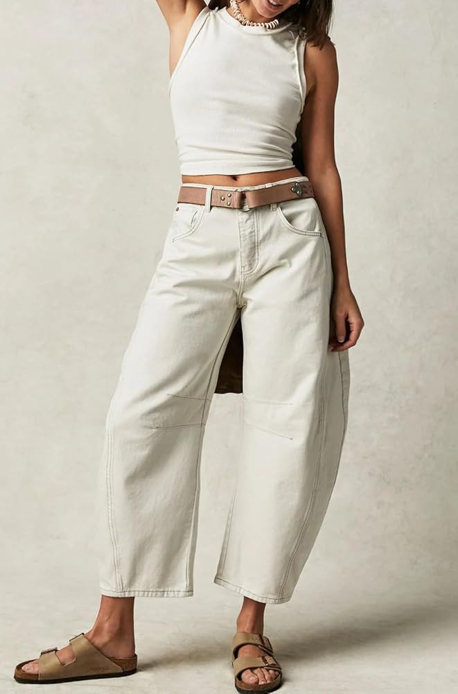 Womens Stretchy Mid Rise Barrel Jeans Vintage Loose Wide Leg Cropped Denim Pants Y2k Baggy Boyfri... | Amazon (US)