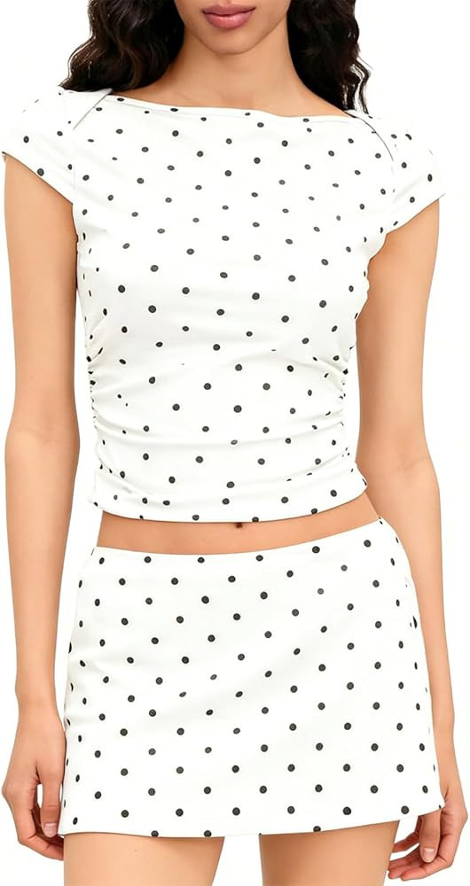 Mxiqqpltky Polka Dot Two Piece Skirt Set for Women Y2k Outfits Boat Neck Baby Tee and Low Rise Mi... | Amazon (US)