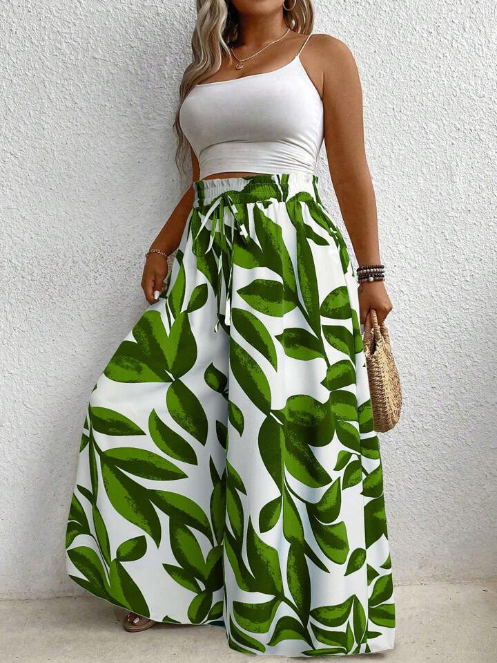 Plus Size Women's Vacation Plant Print Belted Wide Leg Pants | SHEIN