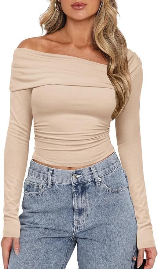 Bowowor Women's One Off Shoulder Long Sleeve Crop Top Ruched Going Out Tops Slim Fit Shirt | Amazon (US)