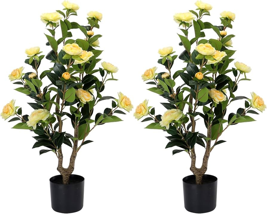 Artificial Camellia Tree 2 Pack - Realistic Camellia Plants in Pot with Yellow Flowers, Lifelike ... | Amazon (US)
