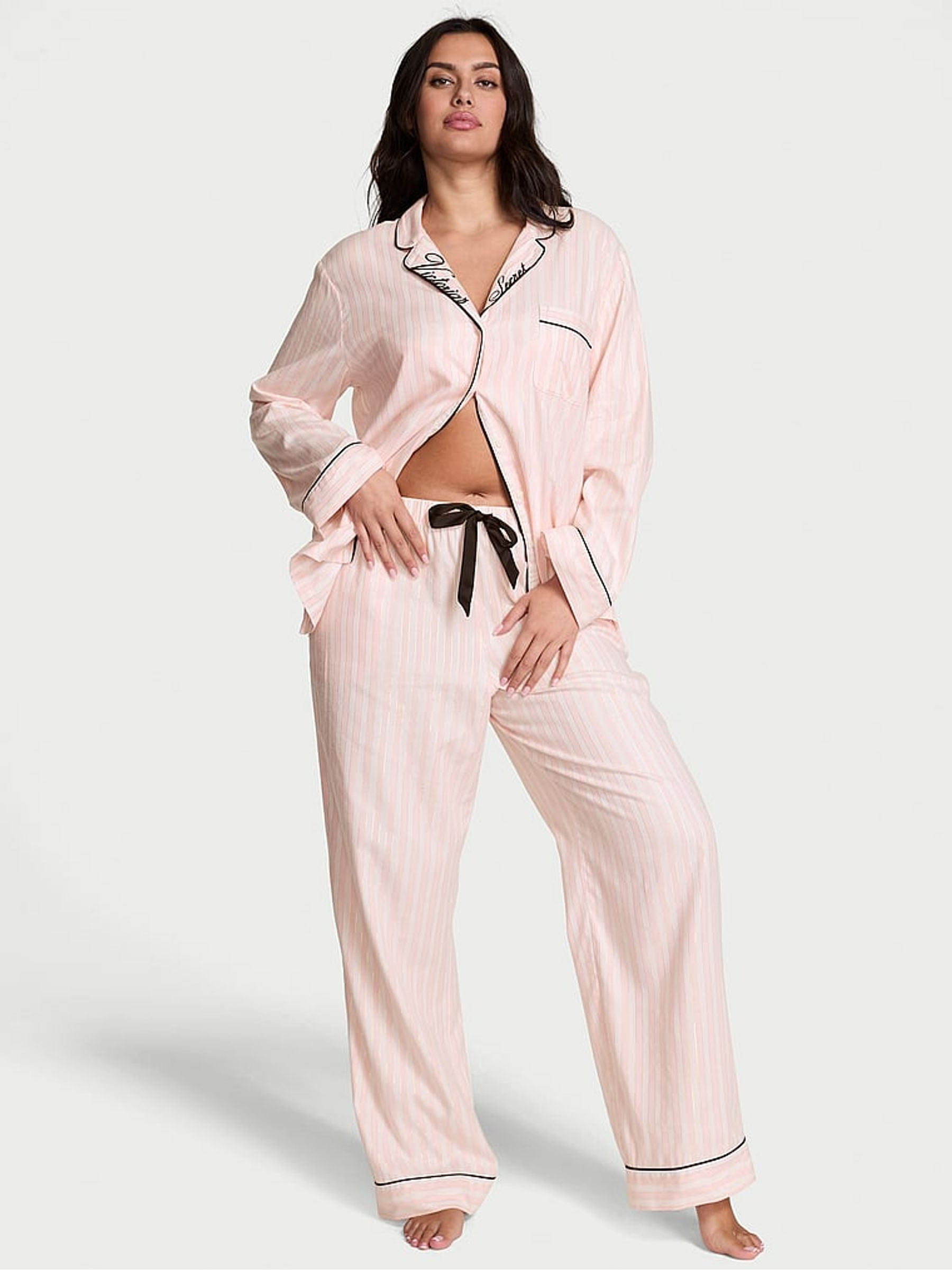 Pretty Blossom Pink Stripe Collar Embroidery Flannel Long Pyjamas Set | Victoria's Secret UK