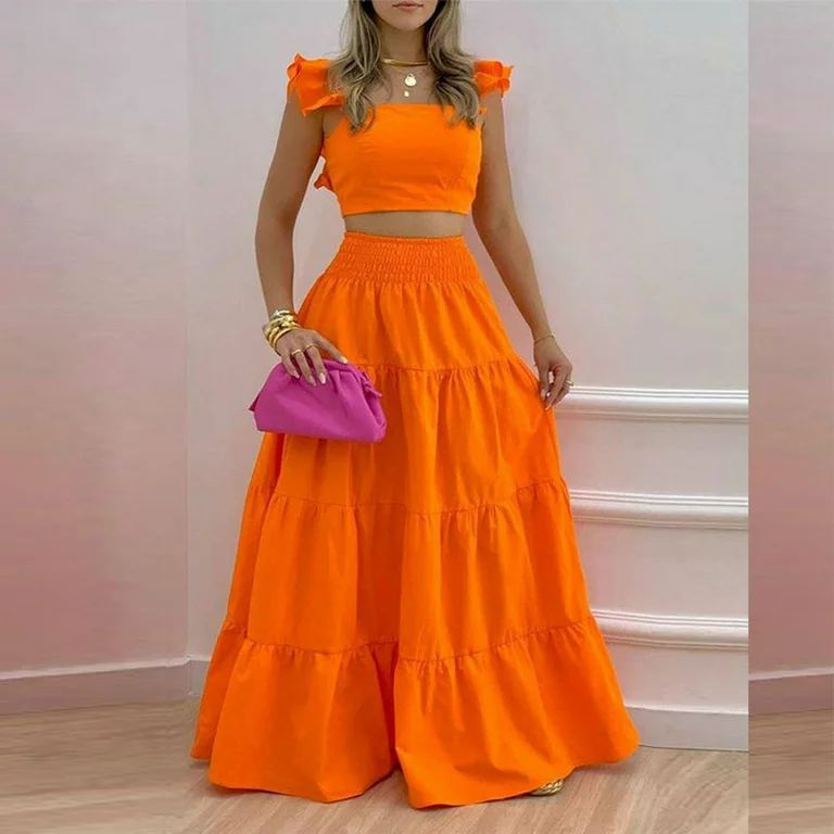 ALSLIAO Summer 2 Piece Set Women Crop Top + High Waist Long Skirt Set Bohemia Dresses Orange L - ... | Walmart (US)