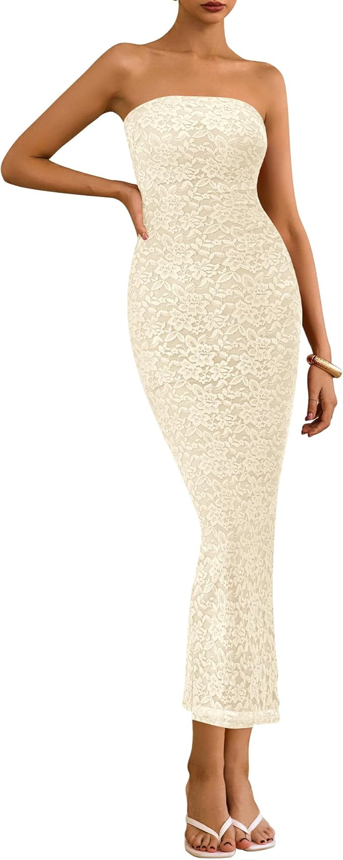BTFBM Women Strapless Lace Formal Maxi Dress Summer Bodycon Tube Back Slit Cocktail Vacation Beac... | Amazon (US)