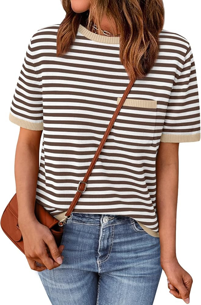 LILLUSORY Womens Striped Short Sleeve Sweater Pullover Shirts with Chest Pocket | Amazon (US)