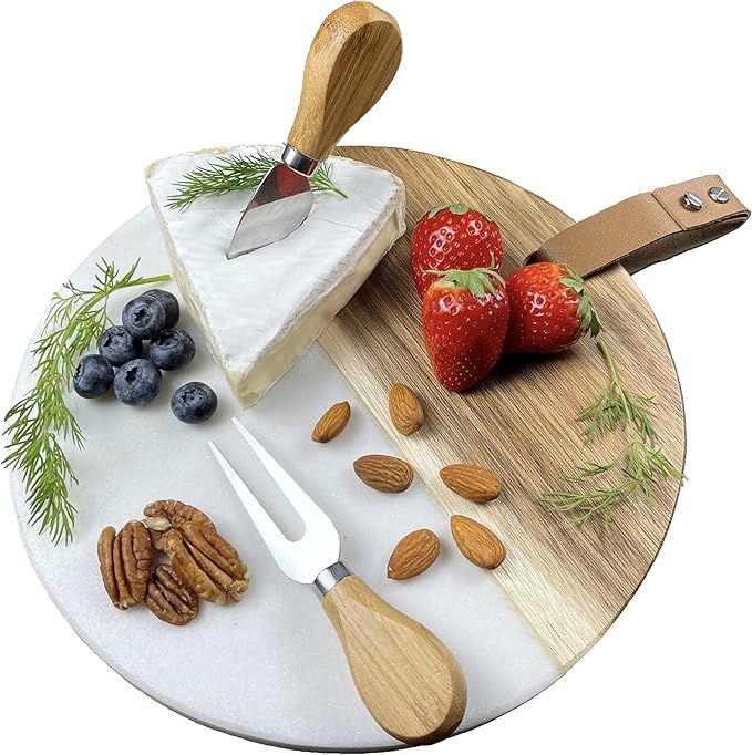 Marble & Wood Charcuterie Board Set - Large Round 10 Inch Serving Tray and Wooden Cheese Cutting ... | Amazon (US)
