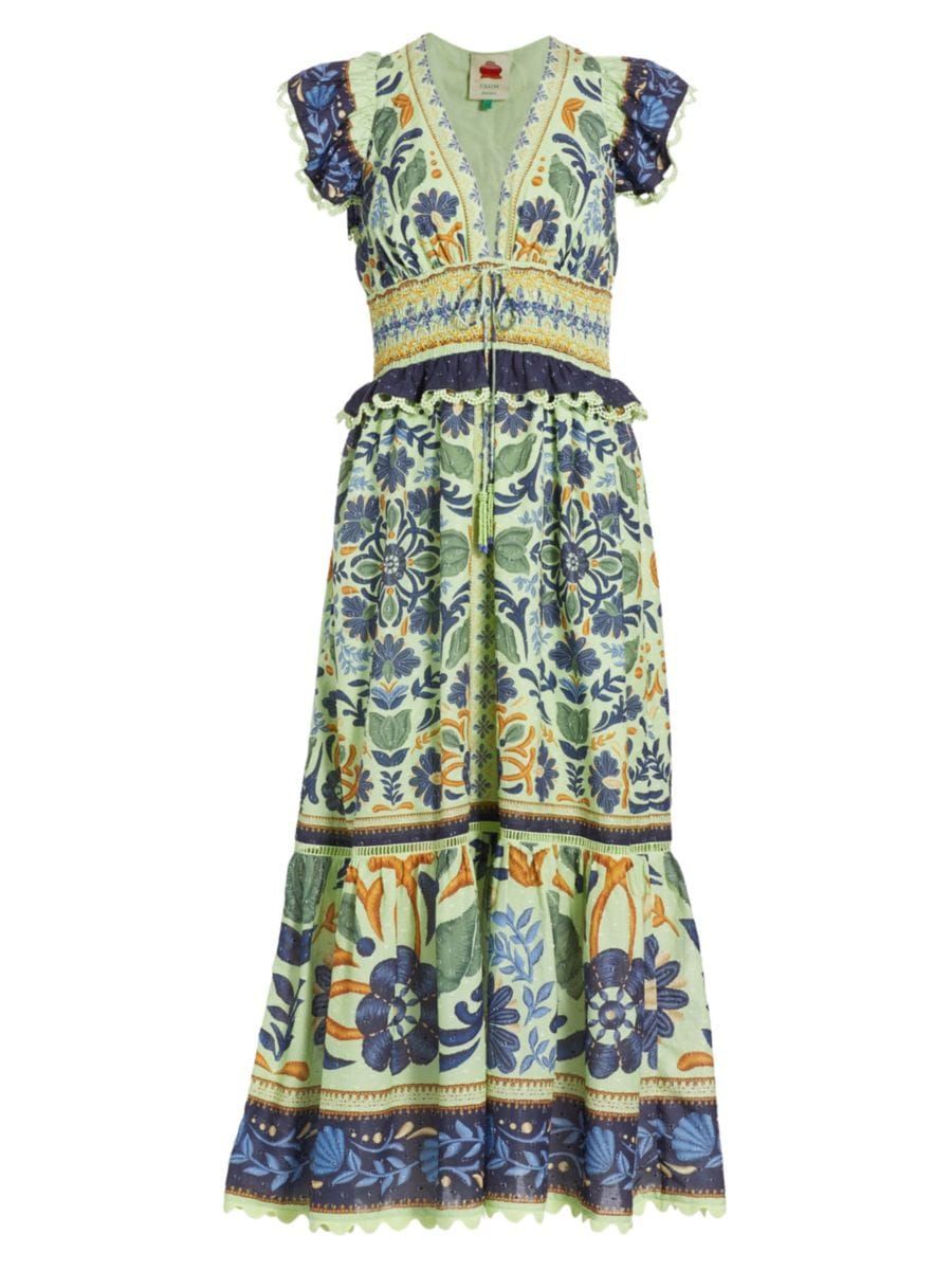 Shop Farm Rio Ocean Tapestry Suzani Cotton Midi-Dress | Saks Fifth Avenue | Saks Fifth Avenue