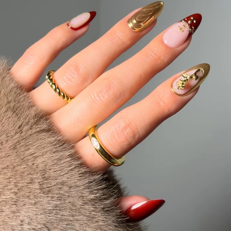 Salon Perfect Artificial Fake Press On Nails, 417 Charmed, Gold Rose, Medium Almond, File, Glue, ... | Walmart (US)