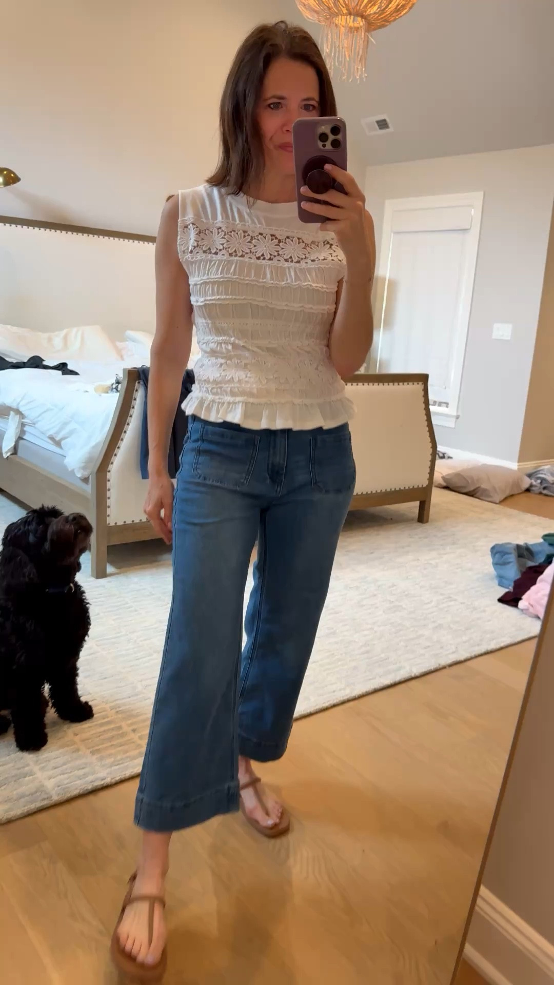 Size 4 in denim, small in tops
In classic blue denim 