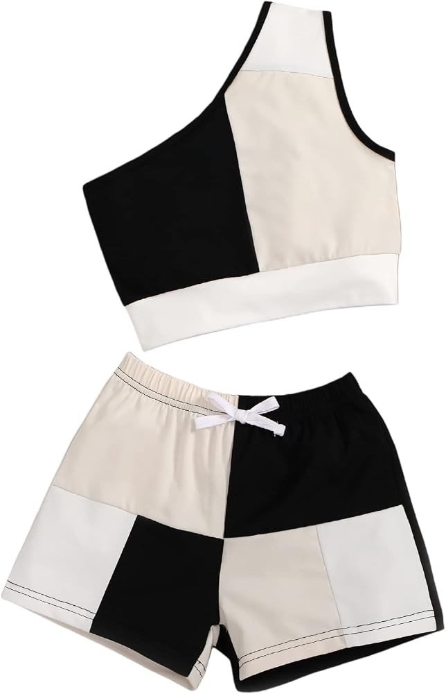 MakeMeChic Toddler Girl's 2 Piece Outfits Color Block One Shoulder Crop Top and Shorts Set | Amazon (US)