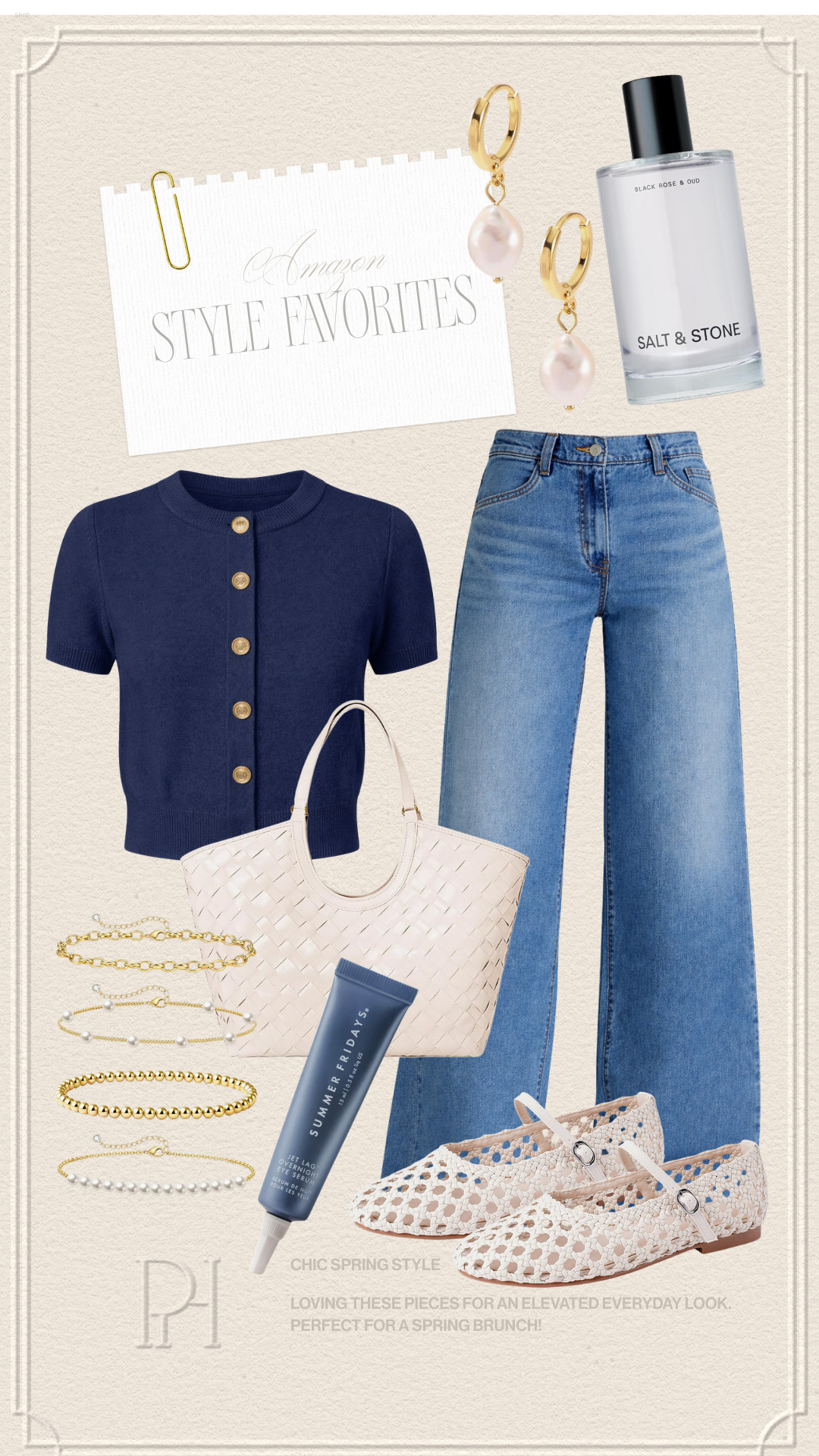 Chic everyday pieces for spring from Amazon!

spring style, spring fashion, spring look, spring outfit, wide leg denim, wide leg jeans, medium wash jeans, flared jeans, mesh flats, ballet flats, white flats, white handbag, tote handbag, white purse, navy blue cardigan, short sleeve cardigan, pearl earrings, layered bracelets, eye cream, body spray, perfume, women's fragrance, gold bracelets, pearl bracelets, brunch look 

 #LTKgrwm #LTKootd #LTKWorkwear