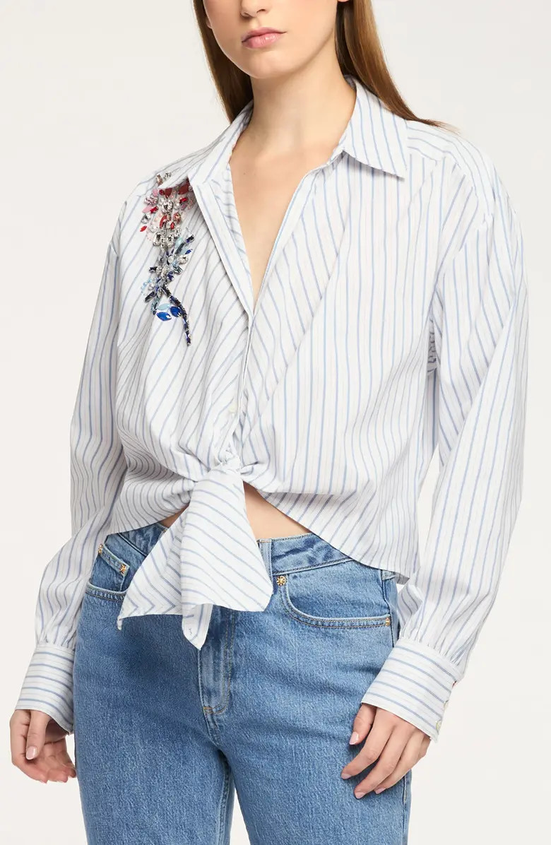 Cinq à Sept Marianna Twilight Spark Appliqué Tie Front Shirt | Nordstrom | Nordstrom