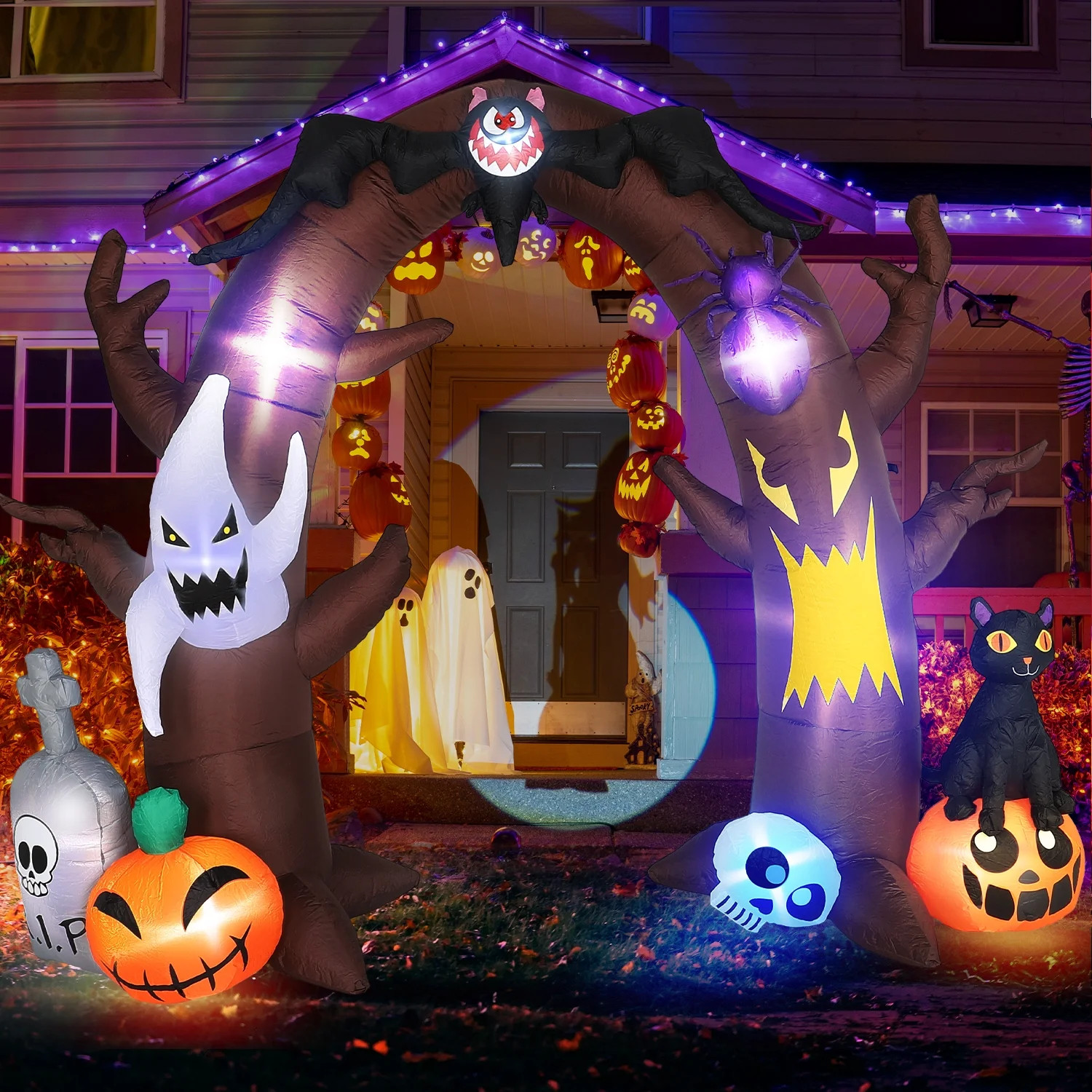 11ft Halloween Inflatable Archway with Pumpkins Skull Spider Ghosts Tombstone bat cat LED Lights ... | Walmart (US)