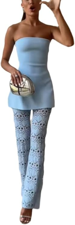 Wuitrie Knit 2 Piece Sets for Women Off Shoulder Tube Top Floral Hollow Out Straight Leg Pants Wo... | Amazon (US)