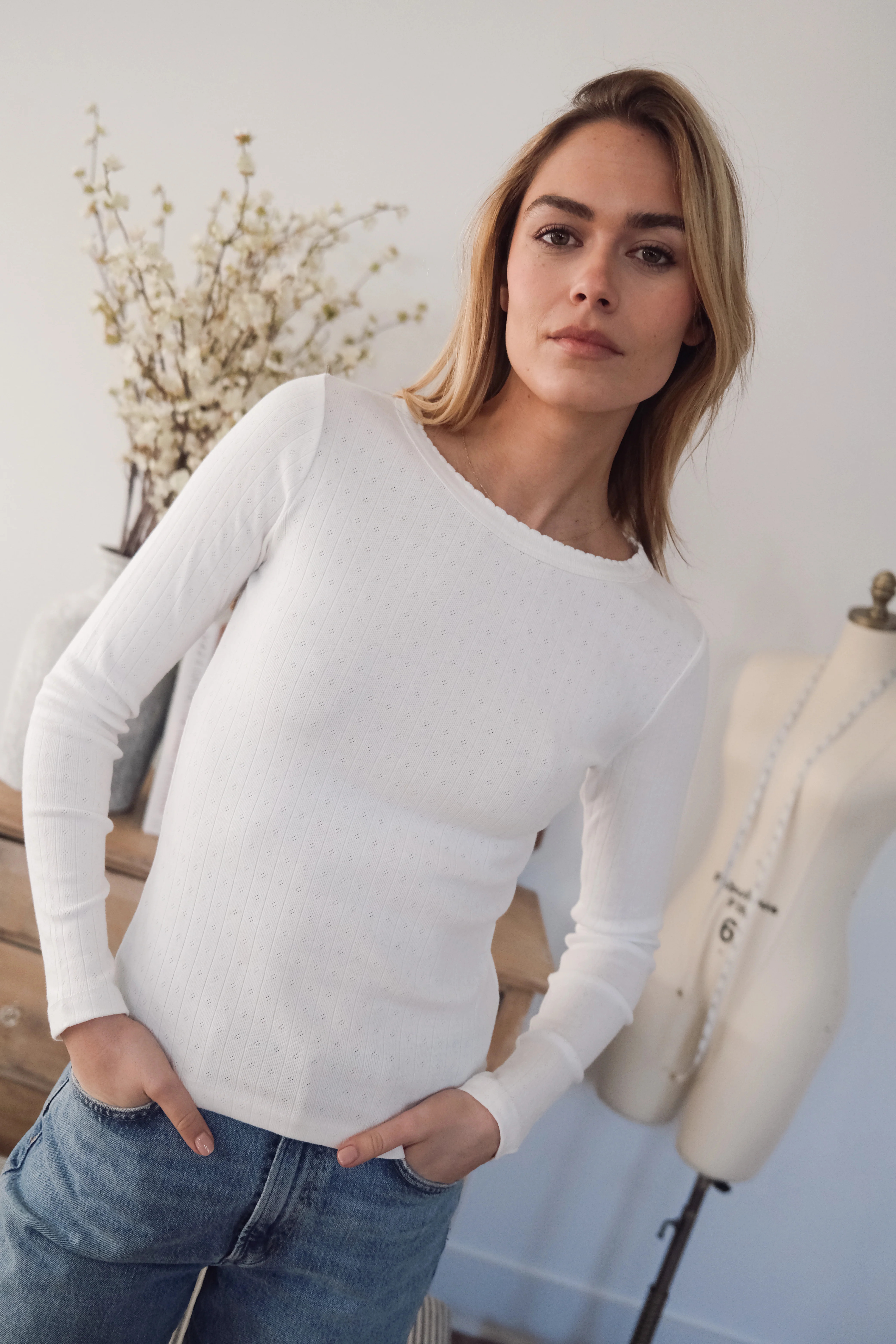 Pointelle Long Sleeve Crewneck - White | Marea