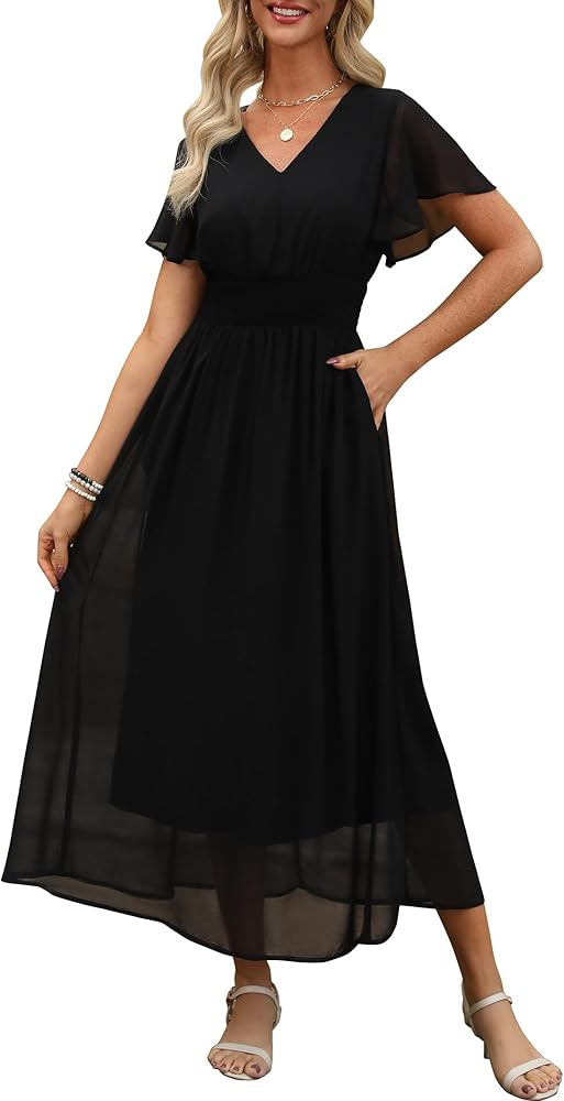ANRABESS Womens Summer Floral Maxi Dress Casual V Neck Short Sleeve Chiffon Boho Flowy Beach 2026... | Amazon (US)