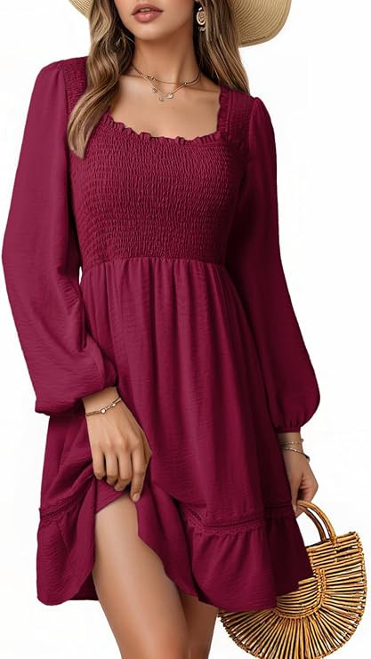 Dokotoo Dresses for Women 2025 Square Neck Long Sleeve Smocked Dress Flowy Tiered Ruffle Lace Bea... | Amazon (US)