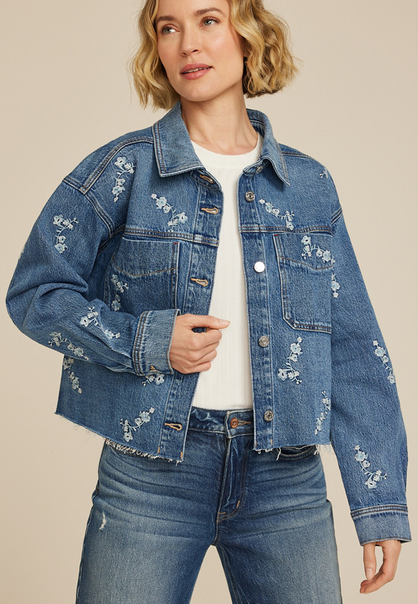 Embroidered Floral Cropped Denim Jacket | Maurices