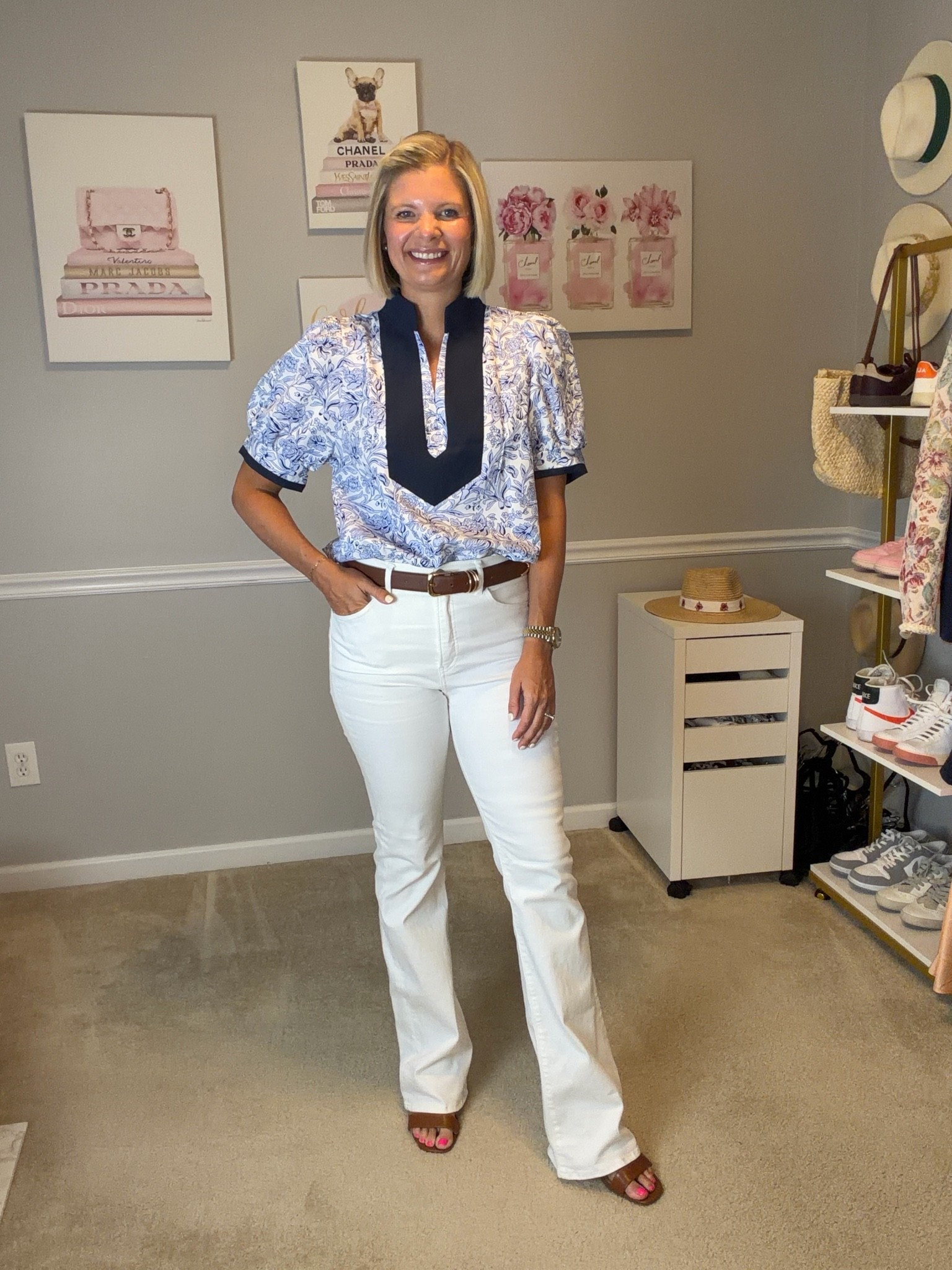 White high waisted flare jeans TTS (wearing the long style)
Blue and white puff sleeve blouse TTS

#LTKMidsize #LTKOver40 #LTKWorkwear