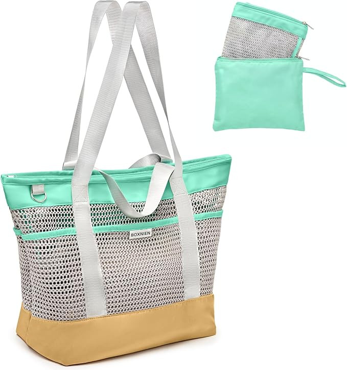 Mesh Beach Bag for Women, XXL 28L Foldable Tote, Sandproof Mesh, Waterproof Bottom, Zippered Top,... | Amazon (US)