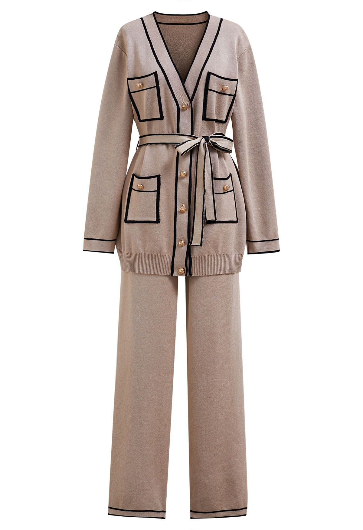 Contrast Edge Buttons Knit Cardigan and Pants Set in Camel | Chicwish
