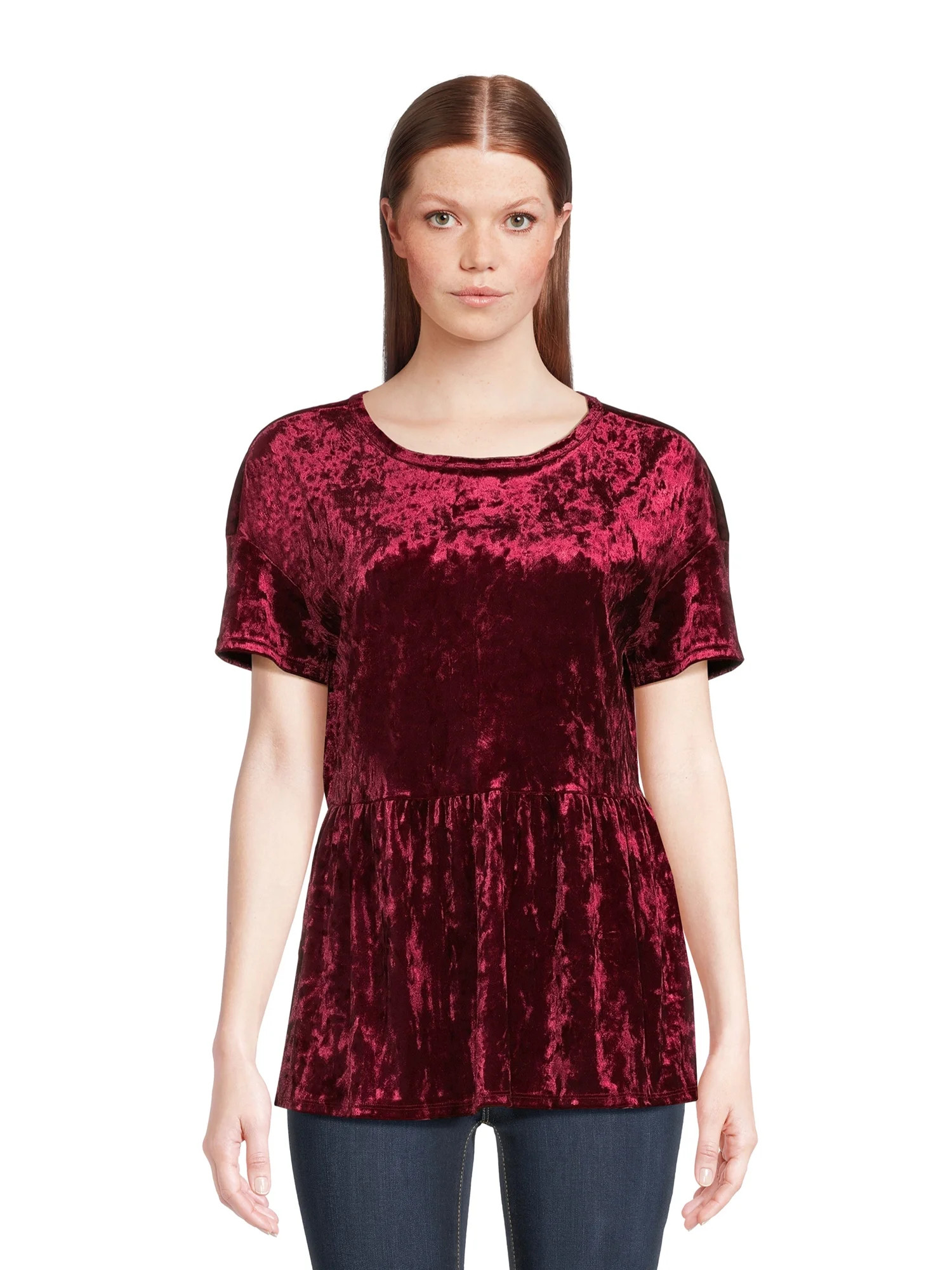 Time and Tru Women's Crushed Velvet Peplum Top with Short Sleeves, Sizes XS-XXXL - Walmart.com | Walmart (US)