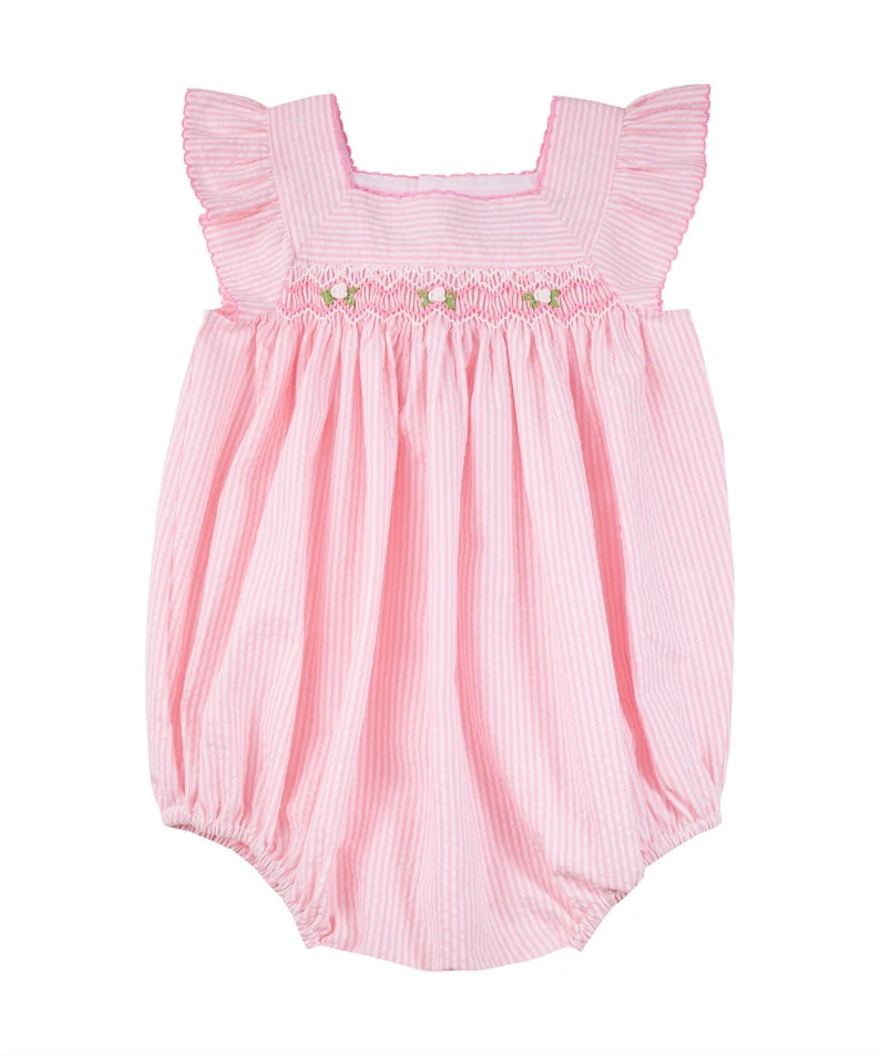 Pink Smocked Ruffle Sleeve Bubble - Etsy | Etsy (US)