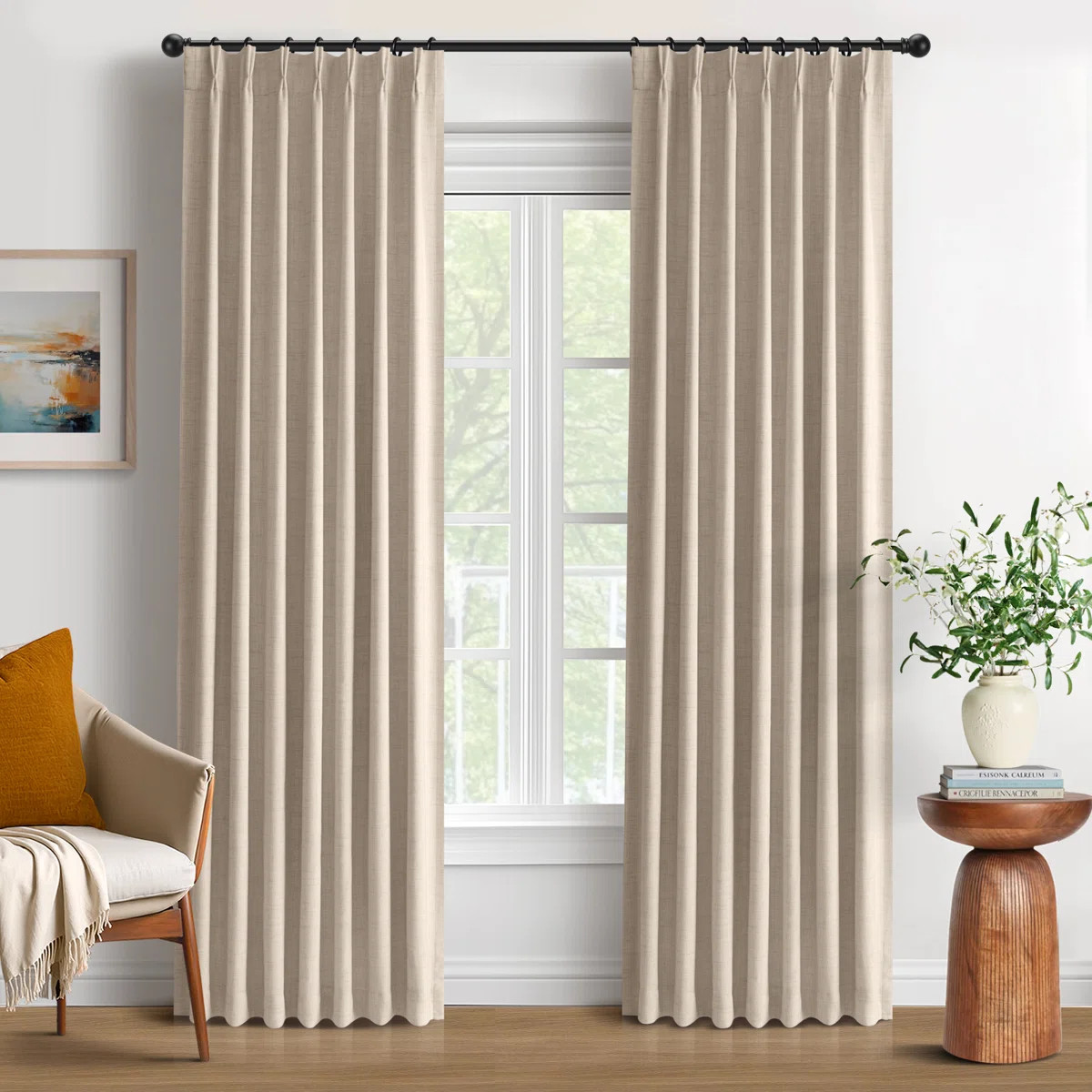 100% Blackout Curtains Polyester Faux Linen Fabric Pinch Pleated Drapes With 20 Hooks Blackout Cu... | Wayfair North America