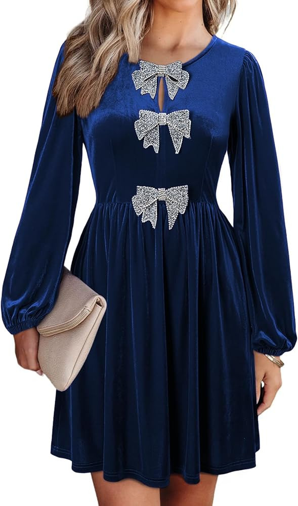 Happy Sailed Womens Velvet Dress Fall Winter Long Sleeve Bowknot High Waisted A Line Cocktail Dre... | Amazon (US)