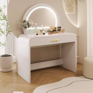 1-Drawer White Makeup Vanity Table Wooden Dressing Desk with Touch Screen Lighted Mirror | The Home Depot