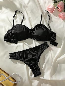 SweatyRocks Women's 2 Piece Satin Lingerie Set Ruffle Trim Wireless Bra and Panties Underwear | Amazon (US)